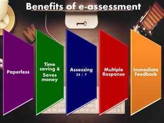 Benefits of e-assessment
Paperless
Time
saving &
Saves
money
Assessing
24 / 7
Multiple
Response
Immediate
Feedback
 