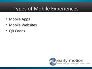 Types of Mobile Experiences
• Mobile Apps
• Mobile Websites
• QR Codes
 
