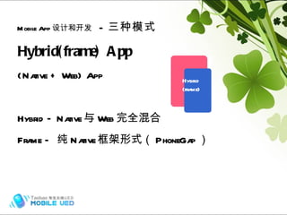 Hybrid(frame) App {Native + Web} App Hybrid – Native 与 Web 完全混合 Frame –  纯 Native 框架形式（ PhoneGap ） Mobile App 设计和开发   -  三种模式 Hybrid (frame) 