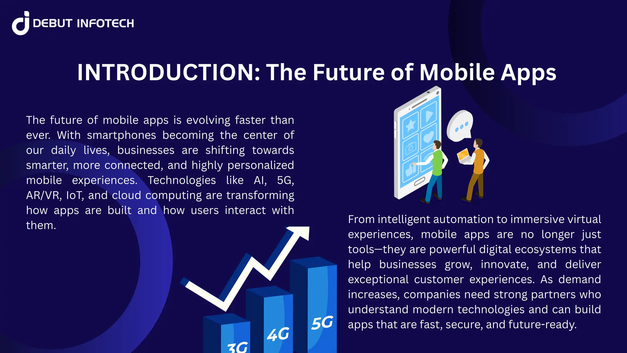 INTRODUCTION: The Future of Mobile Apps
The future of mobile apps is evolving faster than
ever. With smartphones becoming the center of
our daily lives, businesses are shifting towards
smarter, more connected, and highly personalized
mobile experiences. Technologies like AI, 5G,
AR/VR, IoT, and cloud computing are transforming
how apps are built and how users interact with
them.
From intelligent automation to immersive virtual
experiences, mobile apps are no longer just
tools—they are powerful digital ecosystems that
help businesses grow, innovate, and deliver
exceptional customer experiences. As demand
increases, companies need strong partners who
understand modern technologies and can build
apps that are fast, secure, and future-ready.
 