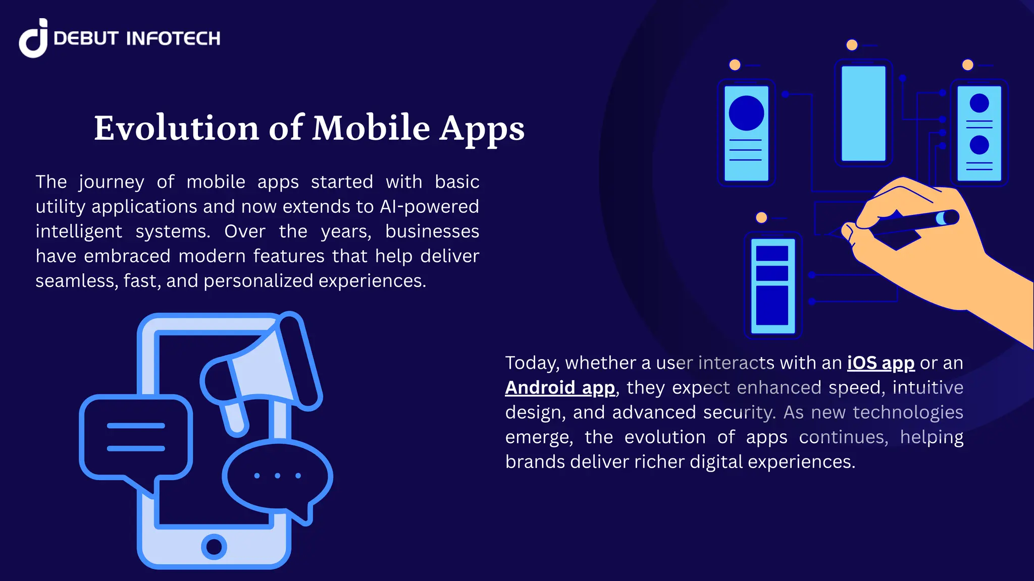 Today, whether a user interacts with an iOS app or an
Android app, they expect enhanced speed, intuitive
design, and advanced security. As new technologies
emerge, the evolution of apps continues, helping
brands deliver richer digital experiences.
Evolution of Mobile Apps
The journey of mobile apps started with basic
utility applications and now extends to AI-powered
intelligent systems. Over the years, businesses
have embraced modern features that help deliver
seamless, fast, and personalized experiences.
 
