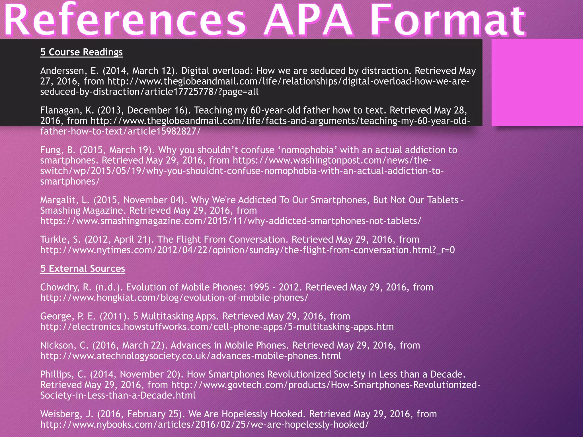 5 Course Readings
Anderssen, E. (2014, March 12). Digital overload: How we are seduced by distraction. Retrieved May
27, 2016, from http://www.theglobeandmail.com/life/relationships/digital-overload-how-we-are-
seduced-by-distraction/article17725778/?page=all
Flanagan, K. (2013, December 16). Teaching my 60-year-old father how to text. Retrieved May 28,
2016, from http://www.theglobeandmail.com/life/facts-and-arguments/teaching-my-60-year-old-
father-how-to-text/article15982827/
Fung, B. (2015, March 19). Why you shouldn’t confuse ‘nomophobia’ with an actual addiction to
smartphones. Retrieved May 29, 2016, from https://www.washingtonpost.com/news/the-
switch/wp/2015/05/19/why-you-shouldnt-confuse-nomophobia-with-an-actual-addiction-to-
smartphones/
Margalit, L. (2015, November 04). Why We're Addicted To Our Smartphones, But Not Our Tablets –
Smashing Magazine. Retrieved May 29, 2016, from
https://www.smashingmagazine.com/2015/11/why-addicted-smartphones-not-tablets/
Turkle, S. (2012, April 21). The Flight From Conversation. Retrieved May 29, 2016, from
http://www.nytimes.com/2012/04/22/opinion/sunday/the-flight-from-conversation.html?_r=0
5 External Sources
Chowdry, R. (n.d.). Evolution of Mobile Phones: 1995 – 2012. Retrieved May 29, 2016, from
http://www.hongkiat.com/blog/evolution-of-mobile-phones/
George, P. E. (2011). 5 Multitasking Apps. Retrieved May 29, 2016, from
http://electronics.howstuffworks.com/cell-phone-apps/5-multitasking-apps.htm
Nickson, C. (2016, March 22). Advances in Mobile Phones. Retrieved May 29, 2016, from
http://www.atechnologysociety.co.uk/advances-mobile-phones.html
Phillips, C. (2014, November 20). How Smartphones Revolutionized Society in Less than a Decade.
Retrieved May 29, 2016, from http://www.govtech.com/products/How-Smartphones-Revolutionized-
Society-in-Less-than-a-Decade.html
Weisberg, J. (2016, February 25). We Are Hopelessly Hooked. Retrieved May 29, 2016, from
http://www.nybooks.com/articles/2016/02/25/we-are-hopelessly-hooked/
 
