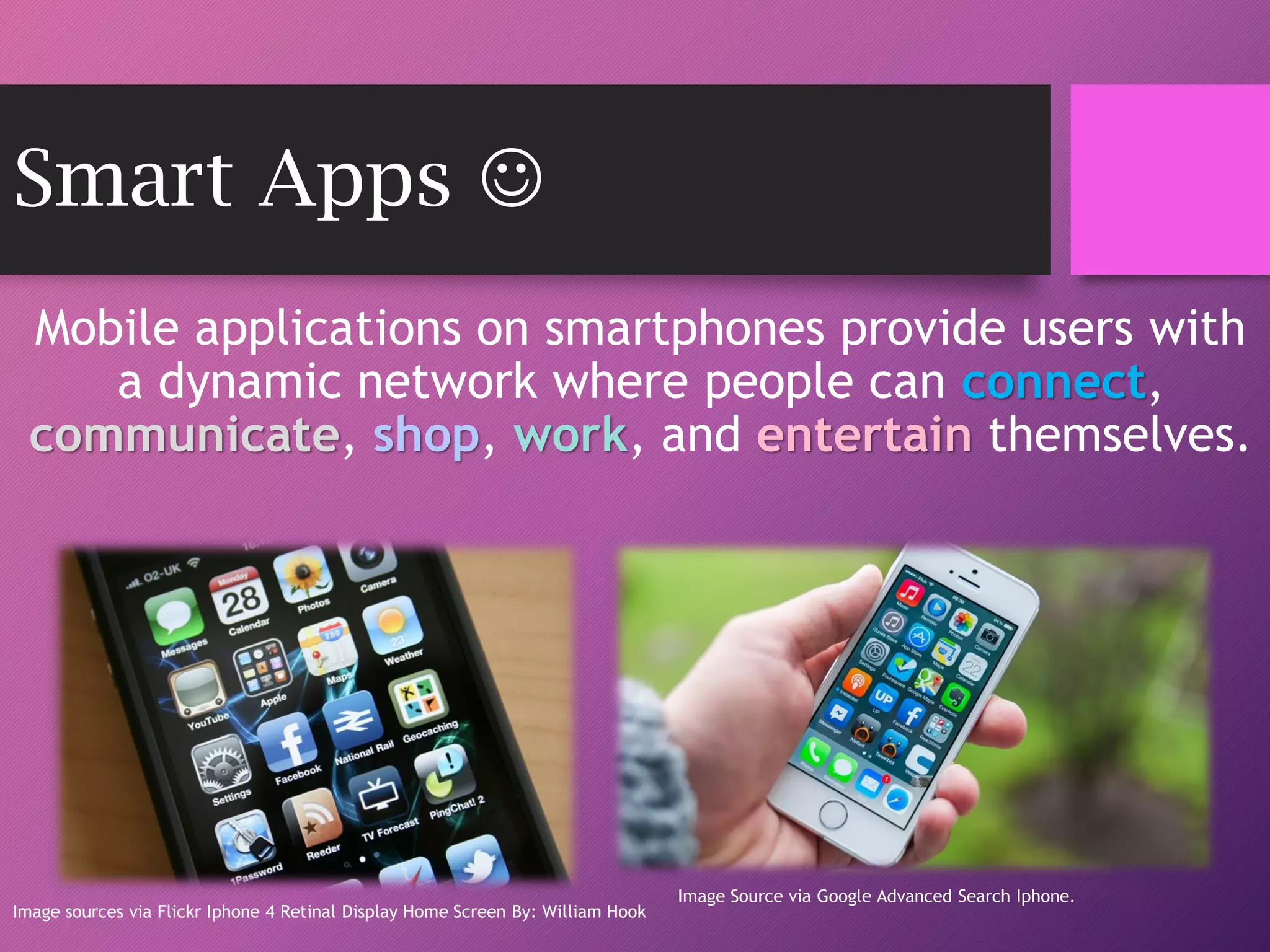 Smart Apps 
Mobile applications on smartphones provide users with
a dynamic network where people can connect,
communicate, shop, work, and entertain themselves.
Image sources via Flickr Iphone 4 Retinal Display Home Screen By: William Hook
Image Source via Google Advanced Search Iphone.
 