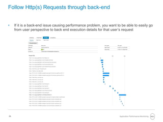 24
Follow Http(s) Requests through back-end
• If it is a back-end issue causing performance problem, you want to be able to easily go
from user perspective to back end execution details for that user’s request
Application Performance Monitoring
 
