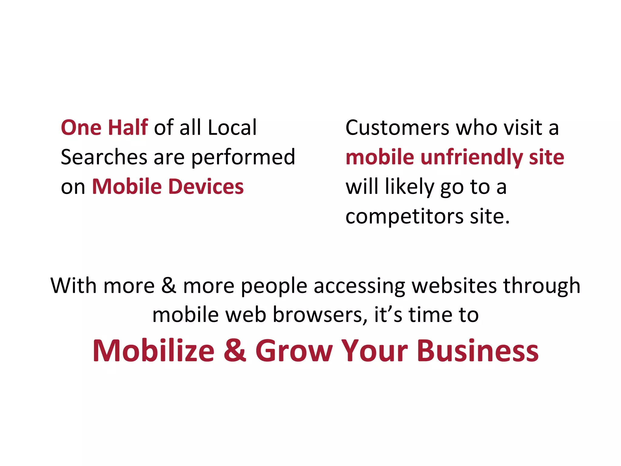 One Half of all Local
Searches are performed
on Mobile Devices
Customers who visit a
mobile unfriendly site
will likely go to a
competitors site.
With more & more people accessing websites through
mobile web browsers, it’s time to
Mobilize & Grow Your Business
 