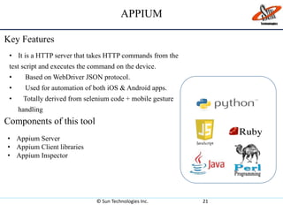APPIUM
© Sun Technologies Inc. 21
• It is a HTTP server that takes HTTP commands from the
test script and executes the command on the device.
• Based on WebDriver JSON protocol.
• Used for automation of both iOS & Android apps.
• Totally derived from selenium code + mobile gesture
handling
Key Features
Components of this tool
• Appium Server
• Appium Client libraries
• Appium Inspector
 