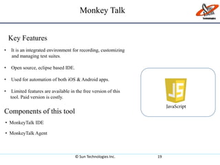Monkey Talk
© Sun Technologies Inc. 19
• MonkeyTalk IDE
• MonkeyTalk Agent
• It is an integrated environment for recording, customizing
and managing test suites.
• Open source, eclipse based IDE.
• Used for automation of both iOS & Android apps.
• Limited features are available in the free version of this
tool. Paid version is costly.
Components of this tool
Key Features
 
