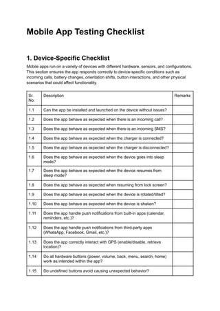 Mobile App Testing Checklist for Developers | PDF