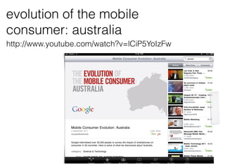 evolution of the mobile
consumer: australia
http://www.youtube.com/watch?v=lCiP5YoIzFw
 
