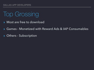 DALLAS APP DEVELOPERS
Top Grossing
▸ Most are free to download
▸ Games - Monetized with Reward Ads & IAP Consumables
▸ Others - Subscription
 