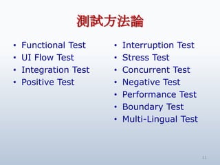 yԇՓ
?   Functional Test    ?   Interruption Test
?   UI Flow Test       ?   Stress Test
?   Integration Test   ?   Concurrent Test
?   Positive Test      ?   Negative Test
                       ?   Performance Test
                       ?   Boundary Test
                       ?   Multi-Lingual Test



                                                11
 