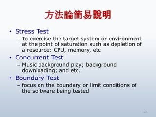 Փf
? Stress Test
  C To exercise the target system or environment
    at the point of saturation such as depletion of
    a resource: CPU, memory, etc
? Concurrent Test
  C Music background play; background
    downloading; and etc.
? Boundary Test
  C focus on the boundary or limit conditions of
    the software being tested


                                                      13
 