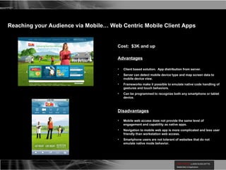 Reaching your Audience via Mobile… Web Centric Mobile Client Apps Cost:  $3K and up Advantages <ul><li>Client based soluti...