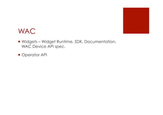 WAC
 Widgets – Widget Runtime, SDK, Documentation,
  WAC Device API spec.

 Operator API
 