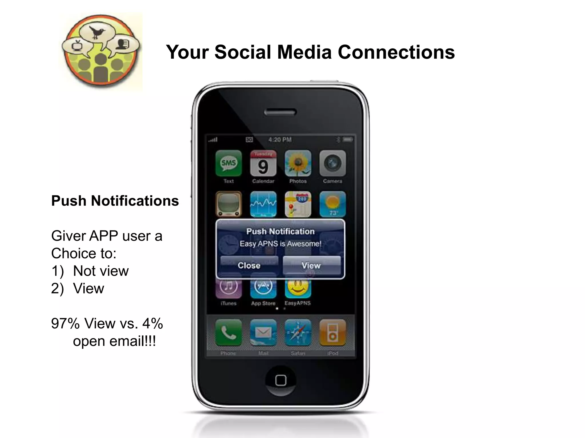 Your Social Media Connections




Push Notifications

Giver APP user a
Choice to:
1) Not view
2) View

97% View vs. 4%
  open email!!!
 