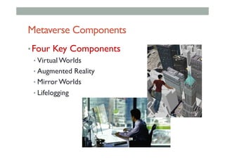 Metaverse Components
• Four Key Components
• Virtual Worlds
• Augmented Reality
• Mirror Worlds
• Lifelogging
 