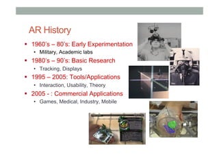 AR History
!  1960’s – 80’s: Early Experimentation
•  Military, Academic labs
!  1980’s – 90’s: Basic Research
•  Tracking, Displays
!  1995 – 2005: Tools/Applications
•  Interaction, Usability, Theory
!  2005 - : Commercial Applications
•  Games, Medical, Industry, Mobile
 