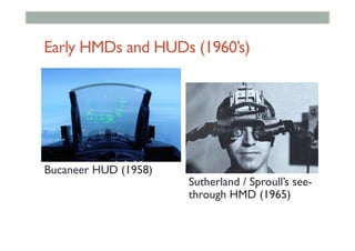 Early HMDs and HUDs (1960’s)
Sutherland / Sproull’s see-
through HMD (1965)
Bucaneer HUD (1958)
 