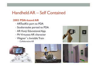 HandheldAR – Self Contained
2003 PDA-based AR
•  ARToolKit port to PDA
•  Studierstube ported to PDA
•  AR Kanji Educational App.
•  MrVirtuoso AR character
•  Wagner’s Invisible Train
•  Collaborative AR
 