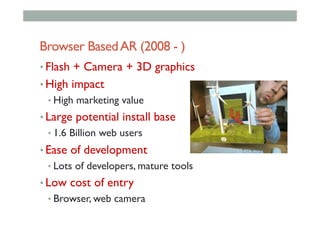 Browser BasedAR (2008 - )
• Flash + Camera + 3D graphics
• High impact
• High marketing value
• Large potential install base
• 1.6 Billion web users
• Ease of development
• Lots of developers, mature tools
• Low cost of entry
• Browser, web camera
 