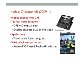 Mobile OutdoorAR (2009 - )
• Mobile phones with GPS
• Tag real world locations
• GPS + Compass input
• Overlay graphics data on live video
• Applications
• Travel guide,Advertising, etc
• Wikitude, Layar, Junaio, etc..
• Android/iOS based, Public API released
Motorola Droid
 