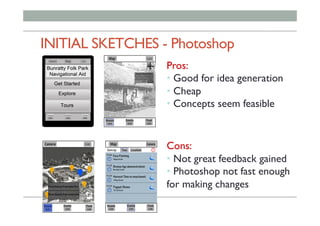 INITIAL SKETCHES - Photoshop
Pros:
• Good for idea generation
• Cheap
• Concepts seem feasible
Cons:
• Not great feedback gained
• Photoshop not fast enough
for making changes
 