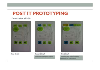 POST IT PROTOTYPING
First	
  Dra@	
  
Camera	
  View	
  with	
  3D	
  
Second	
  Dra@	
   Third	
  Dra@	
  
• 	
  SelecFon	
  highlighted	
  in	
  blue	
   • 	
  Home	
  buHon	
  added	
  for	
  easy	
  
navigaFon	
  to	
  main	
  menu	
  
 
