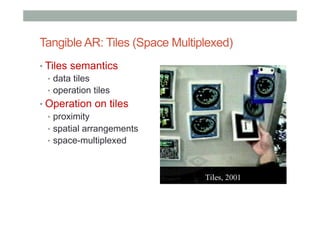 Tangible AR: Tiles (Space Multiplexed)
• Tiles semantics
•  data tiles
•  operation tiles
• Operation on tiles
•  proximity
•  spatial arrangements
•  space-multiplexed
 