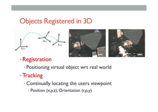 Objects Registered in 3D
• Registration
• Positioning virtual object wrt real world
• Tracking
• Continually locating the users viewpoint
•  Position (x,y,z), Orientation (r,p,y)
 