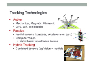 Tracking Technologies
"  Active
•  Mechanical, Magnetic, Ultrasonic
•  GPS, Wifi, cell location
"  Passive
•  Inertial sensors (compass, accelerometer, gyro)
•  Computer Vision
•  Marker based, Natural feature tracking
"  Hybrid Tracking
•  Combined sensors (eg Vision + Inertial)
 