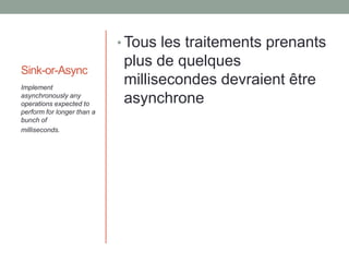 Sink-or-Async
• Tous les traitements prenants
plus de quelques
millisecondes devraient être
asynchrone
Implement
asynchronously any
operations expected to
perform for longer than a
bunch of
milliseconds.
 