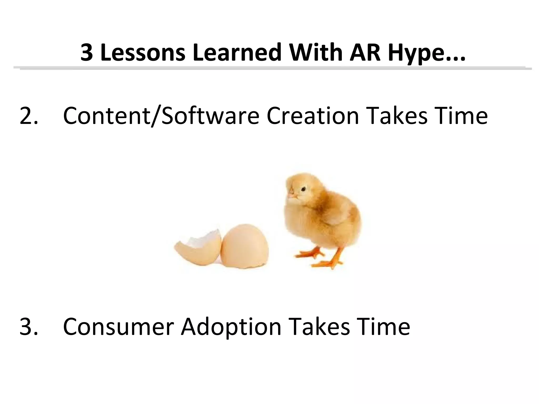 3 Lessons Learned With AR Hype...

2. Content/Software Creation Takes Time




3. Consumer Adoption Takes Time
 