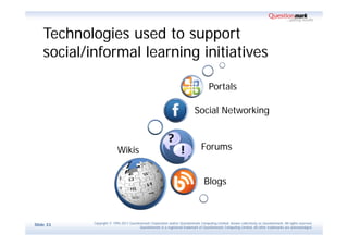 Technologies used to support
    social/informal learning initiatives

                                                                                      Portals

                                                                             Social Networking



                           Wikis                                                 Forums


                                                                                   Blogs



            Copyright © 1995-2011 Questionmark Corporation and/or Questionmark Computing Limited, known collectively as Questionmark. All rights reserved.
Slide 33
                                         Questionmark is a registered trademark of Questionmark Computing Limited. All other trademarks are acknowledged.
 