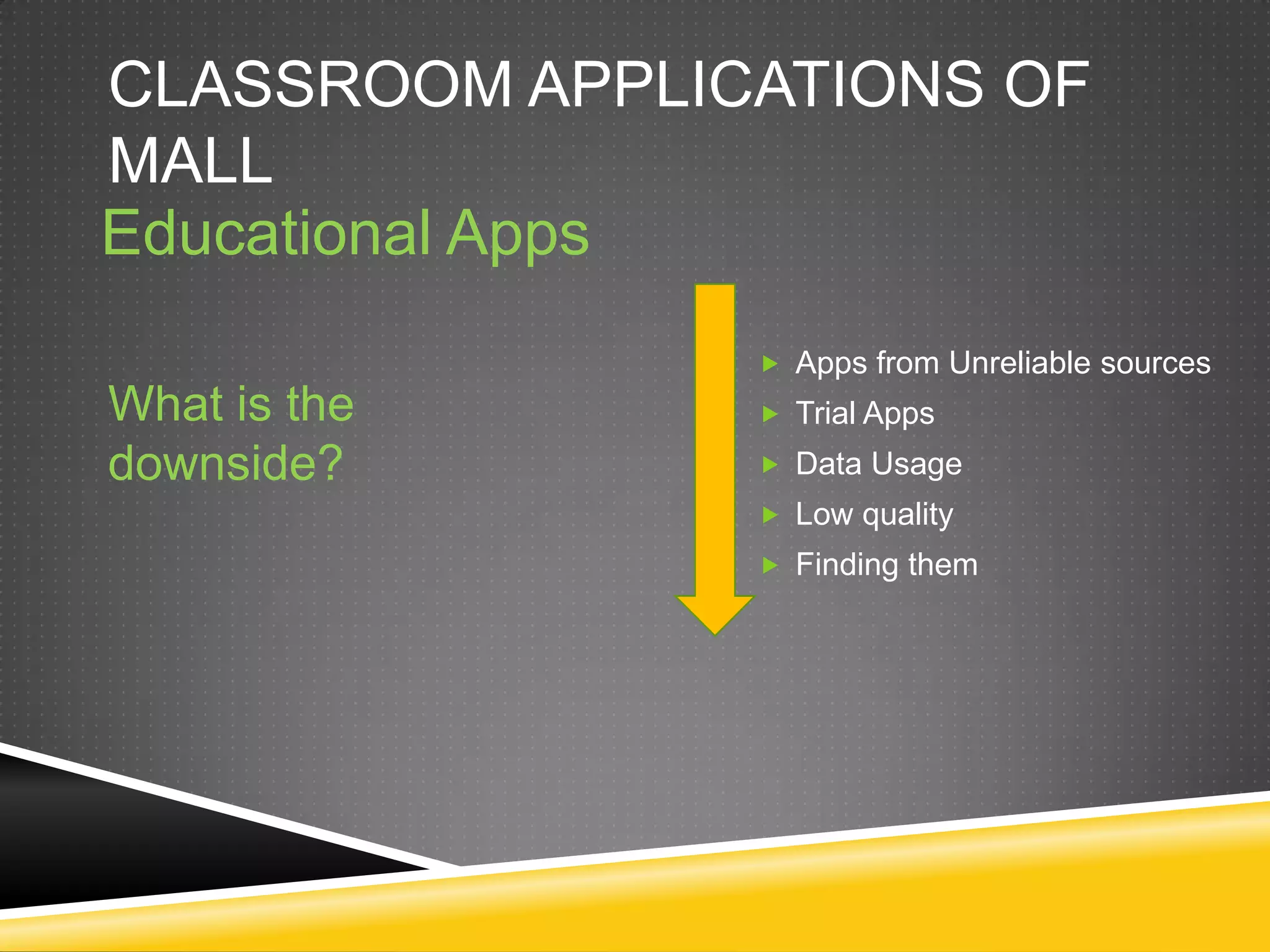 CLASSROOM APPLICATIONS OF
MALL
Educational Apps
                 Apps from Unreliable sources
What is the      Trial Apps

downside?        Data Usage
                 Low quality
                 Finding them
 
