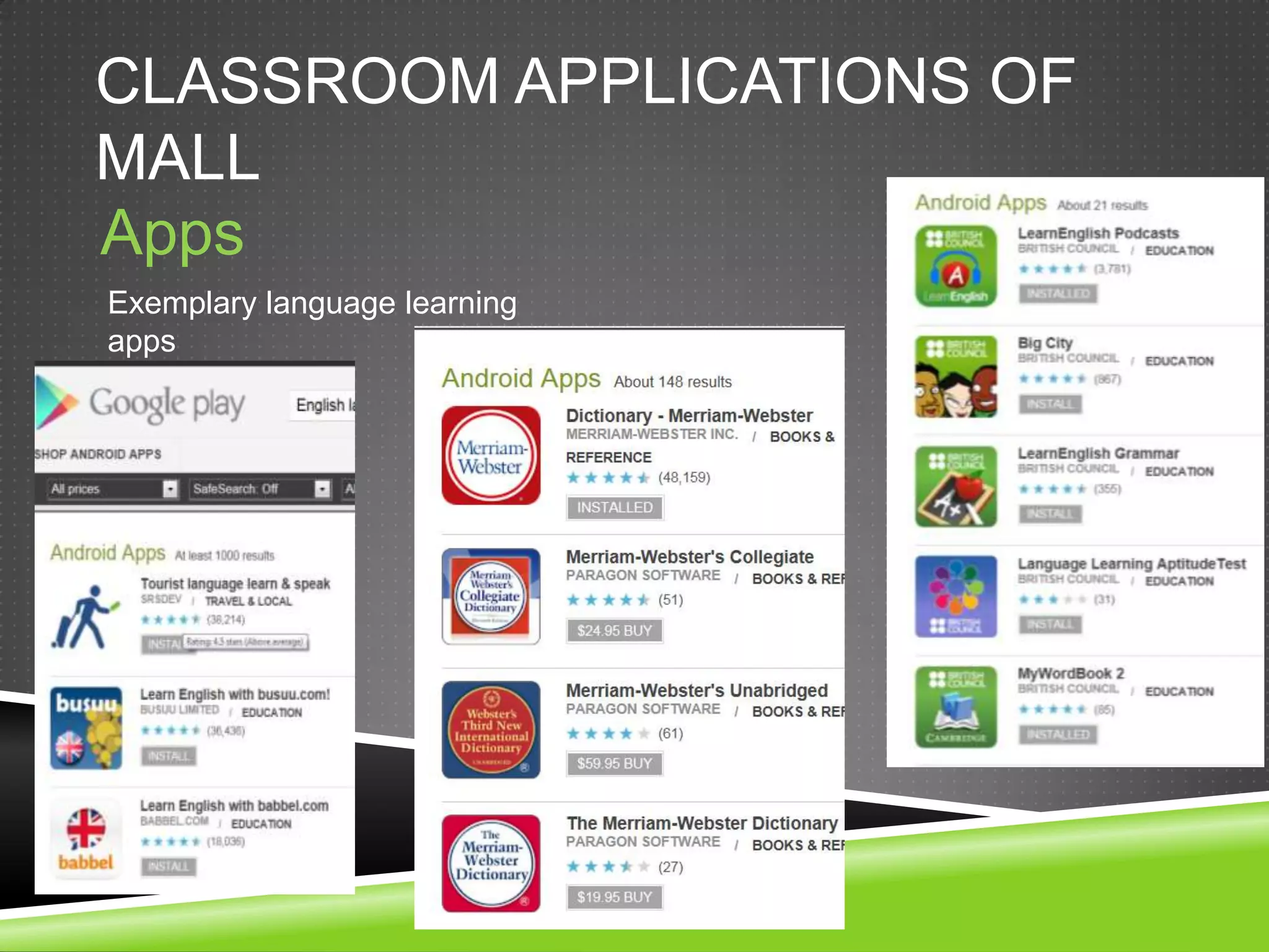 CLASSROOM APPLICATIONS OF
MALL
Apps
Exemplary language learning
apps
 