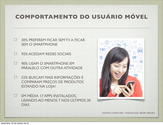 COMPORTAMENTO DO USUÁRIO MÓVEL

30% PREFEREM FICAR SEM TV A FICAR
SEM O SMARTPHONE
92% ACESSAM REDES SOCIAIS
90% USAM O SMARTPHONE EM
PARALELO COM OUTRA ATIVIDADE
52% BUSCAM MAIS INFORMAÇÕES E
COMPARAM PREÇOS DE PRODUTOS
ESTANDO NA LOJA!
EM MÉDIA 17 APPS INSTALADOS,
USANDO AO MENOS 7 NOS ÚLTIMOS 30
DIAS
FONTES: COMSCORE / GOOGLE INC/ IBOPE NIELSEN

sexta-feira, 25 de outubro de 13

 
