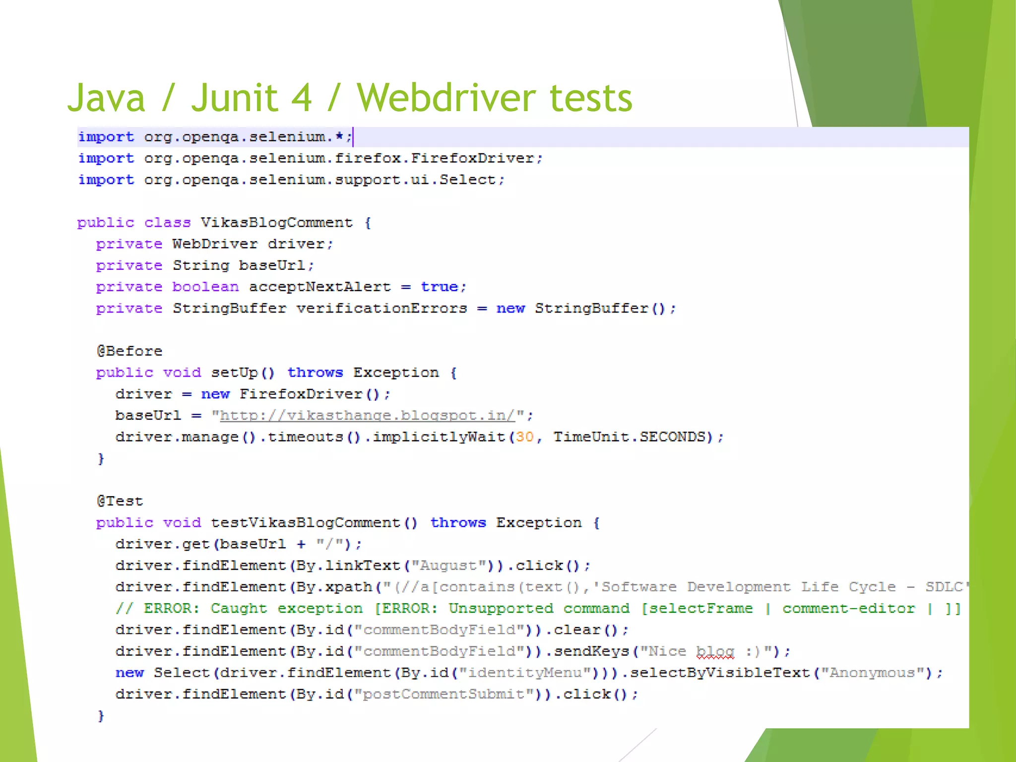Java / Junit 4 / Webdriver tests 