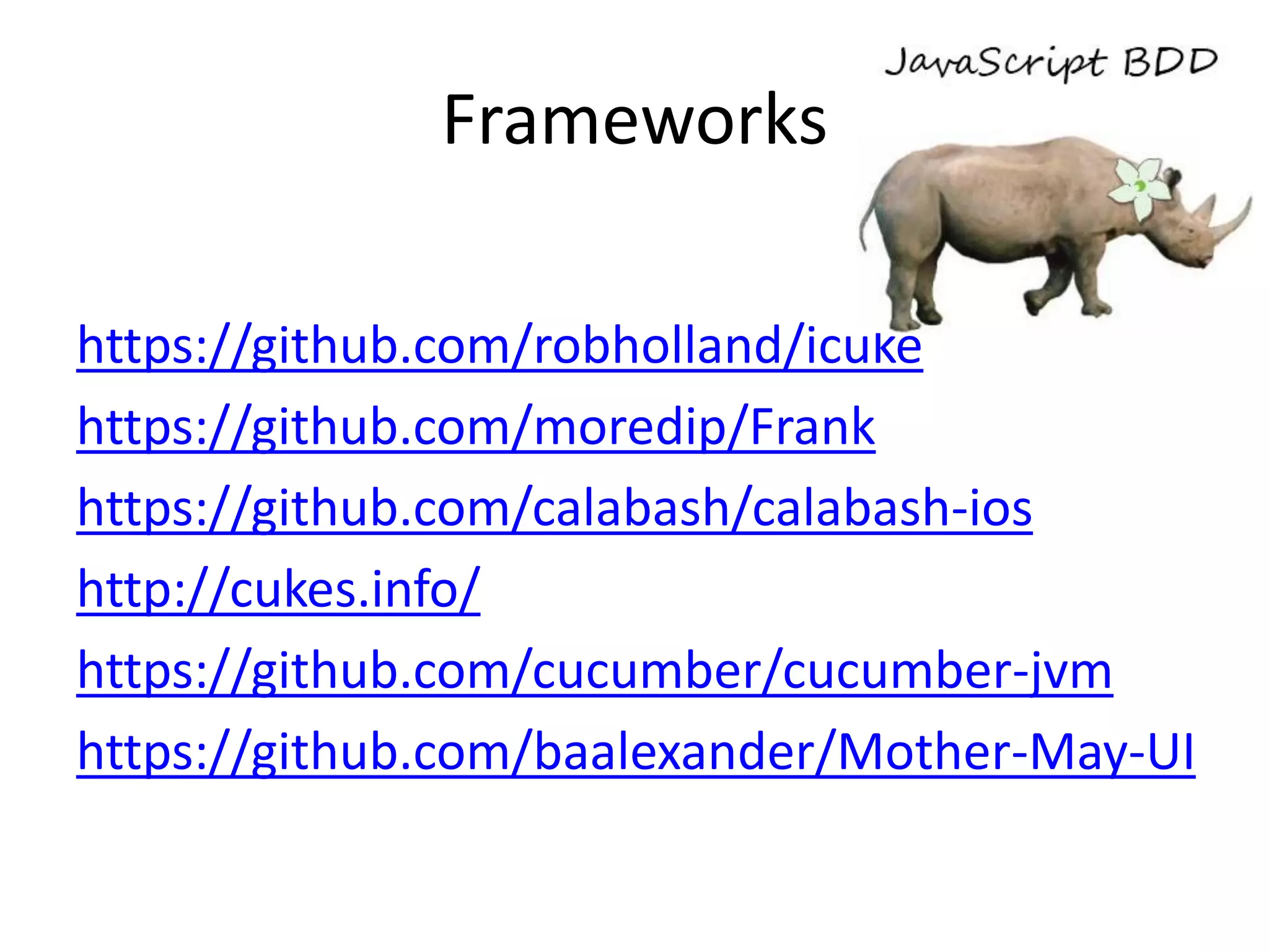 Frameworks

https://github.com/robholland/icuke
https://github.com/moredip/Frank
https://github.com/calabash/calabash-ios
http://cukes.info/
https://github.com/cucumber/cucumber-jvm
https://github.com/baalexander/Mother-May-UI
 