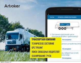 автоматизация бизнес-процессов
Бизнес и мобайл: контроль доступа
транспортная компания
техническое состояние
GPS трекинг
Поиск свободных водителей
сканирование груза
суббота, 23 апреля 16 г.
 