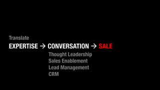 Translate
EXPERTISE  CONVERSATION  SALE
             Thought Leadership
             Sales Enablement
             Lead ...