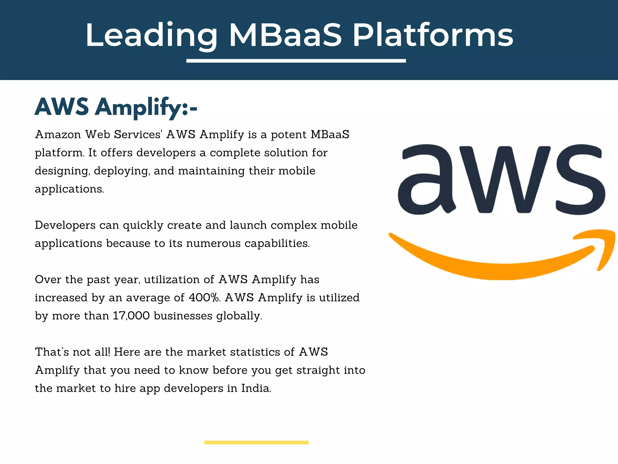 Leading MBaaS Platforms
AWS Amplify:-
Amazon Web Services' AWS Amplify is a potent MBaaS
platform. It offers developers a complete solution for
designing, deploying, and maintaining their mobile
applications.
Developers can quickly create and launch complex mobile
applications because to its numerous capabilities.
Over the past year, utilization of AWS Amplify has
increased by an average of 400%. AWS Amplify is utilized
by more than 17,000 businesses globally.
That’s not all! Here are the market statistics of AWS
Amplify that you need to know before you get straight into
the market to hire app developers in India.
 