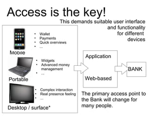 Access is the key! BANK Web-based Application Mobile  This demands suitable user interface and functionality for different...