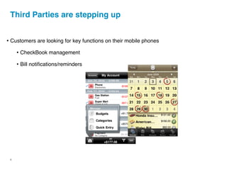 Third Parties are stepping up


• Customers are looking for key functions on their mobile phones
     • CheckBook management
     • Bill notiﬁcations/reminders




 6
 