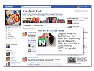 Memo
To:        Darren Sawicki
From:      Kristin Sundin Brandt
Date:      September 21, 2011
Subject:   Facebook Advertising

           Target:
           Facebook users, age 18 or older, who live within 10 miles of Acton
           Burlington, Chelmsford, Chelmsford Center, East Billerica, Littleto
           Common, Melrose, North Billerica, North Woburn, South Chelms
           Westford or Woburn (1,583,540 users)
 