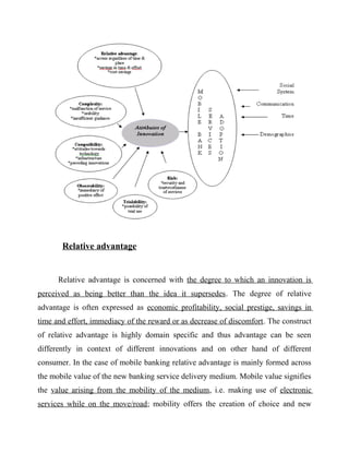 Relative advantage
Relative advantage is concerned with the degree to which an innovation is
perceived as being better than the idea it supersedes. The degree of relative
advantage is often expressed as economic profitability, social prestige, savings in
time and effort, immediacy of the reward or as decrease of discomfort. The construct
of relative advantage is highly domain specific and thus advantage can be seen
differently in context of different innovations and on other hand of different
consumer. In the case of mobile banking relative advantage is mainly formed across
the mobile value of the new banking service delivery medium. Mobile value signifies
the value arising from the mobility of the medium, i.e. making use of electronic
services while on the move/road; mobility offers the creation of choice and new
 