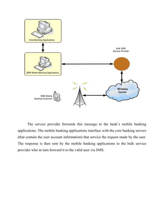 The service provider forwards this message to the bank’s mobile banking
applications. The mobile banking applications interface with the core banking servers
(that contain the user account information) that service the request made by the user.
The response is then sent by the mobile banking applications to the bulk service
provider who in turn forward it to the valid user via SMS.
 