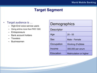 Target Segment


• Target audience is …
   –   High-End voice service users
                                          Demographics
   –   Using airtime more than PKR 1500   Descriptor
   –   Entrepreneurs
   –   Bank account holders               Age          20 - 55
   –   Travelers
                                          Sex          Male - Female
   –   Businessmen
                                          Occupation   Working (Fe)Male

                                          Income       300,000 per anum

                                          Education    Matriculation or higher
 
