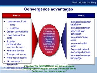Convergence advantages
        Banks                                                            Warid

• Lower research cost                                            • Increased customer
  – Time                                                           satisfaction
  – Expense                             Technology               • Increased retention
• Greater convenience                 is opening up              • Improved lead
                                      new markets,                 generation
• Lower transaction                    creating new
  costs                                                          • Increased market
                                         models of
                                                                   share
• Broader                                  doing
  communication,                      business and               • Increased wallet
  from one to many                      reinventing                share
                                         the value               • Expanded sales &
• Real-time access
                                           chain                   marketing channels
• Transparent to user
                                                                 • Increased customer
• Wider reach/access                                               knowledge
• 24 hours/day, 7
  days/week
                     It is about the SERVICES and not the technology.
• Accurate and efficient
                 Converging technologies are just the enabler that is
                            facilitating “service convergence”
 