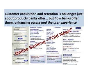 Customer acquisi.on and reten.on is no longer just 
about products banks oﬀer… but how banks oﬀer 
them, enhancing access and the user experience 
 