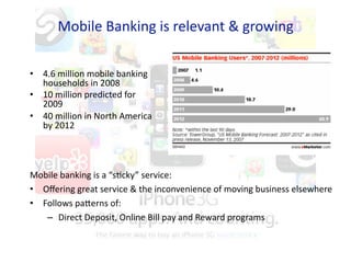 Mobile Banking is relevant & growing 

•  4.6 million mobile banking 
   households in 2008 
•  10 million predicted for 
   2009 
•  40 million in North America 
   by 2012 




Mobile banking is a “sLcky” service: 
•  Oﬀering great service & the inconvenience of moving business elsewhere 
•  Follows pa`erns of: 
    –  Direct Deposit, Online Bill pay and Reward programs 
 